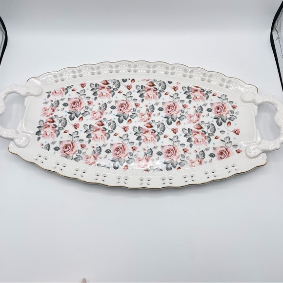 Solecasa  Old Country Roses Basket Ceramic Floral Oval Tray with Handles - Picture 1 of 8